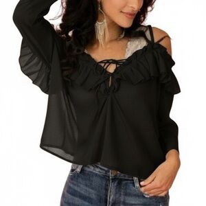 Mia Joy Joyfolie Black Sheer Off Shoulder Ruffle Top NWT Small Romantic Blouse